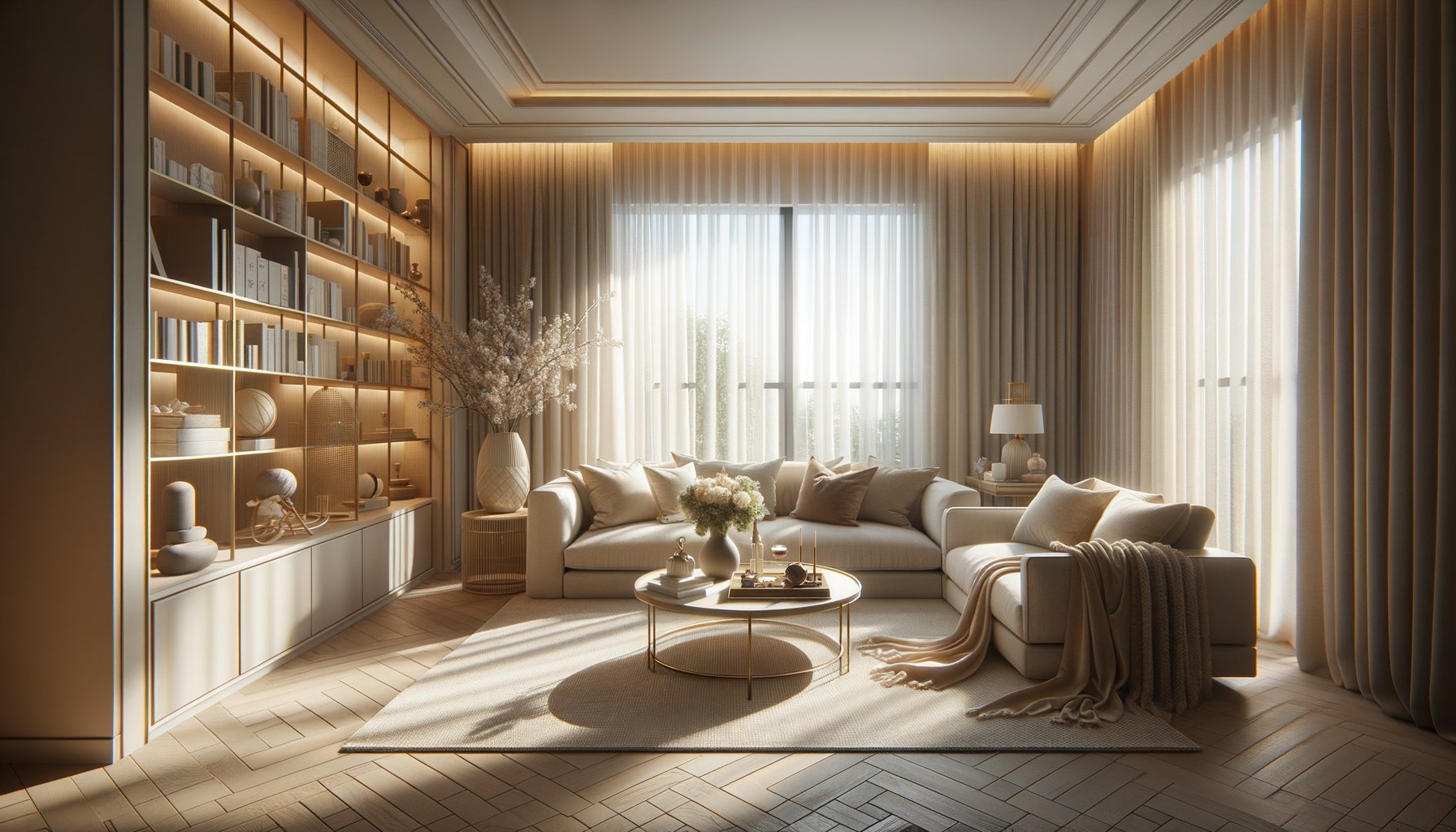 Beautifully organized luxury home sanctuary with warm cream tones and curated bookshelves