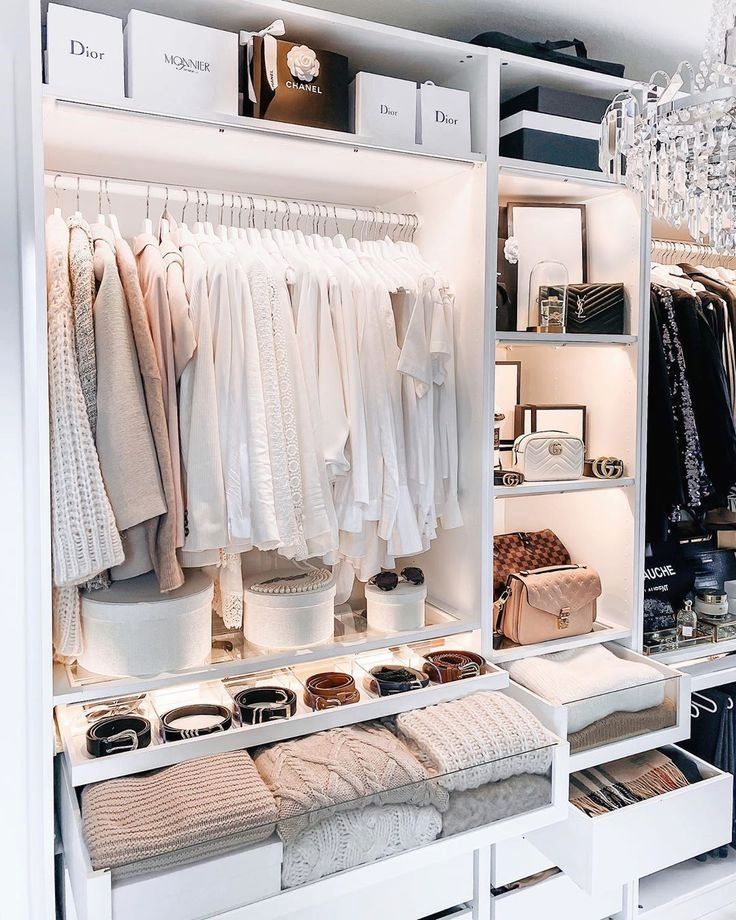 Beautifully organized designer closet with curated wardrobe and accessories