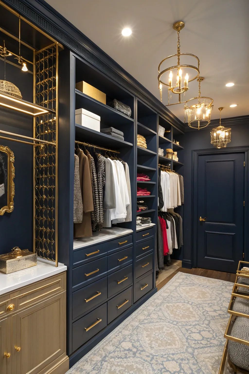 Luxury navy and gold closet with designer wardrobe